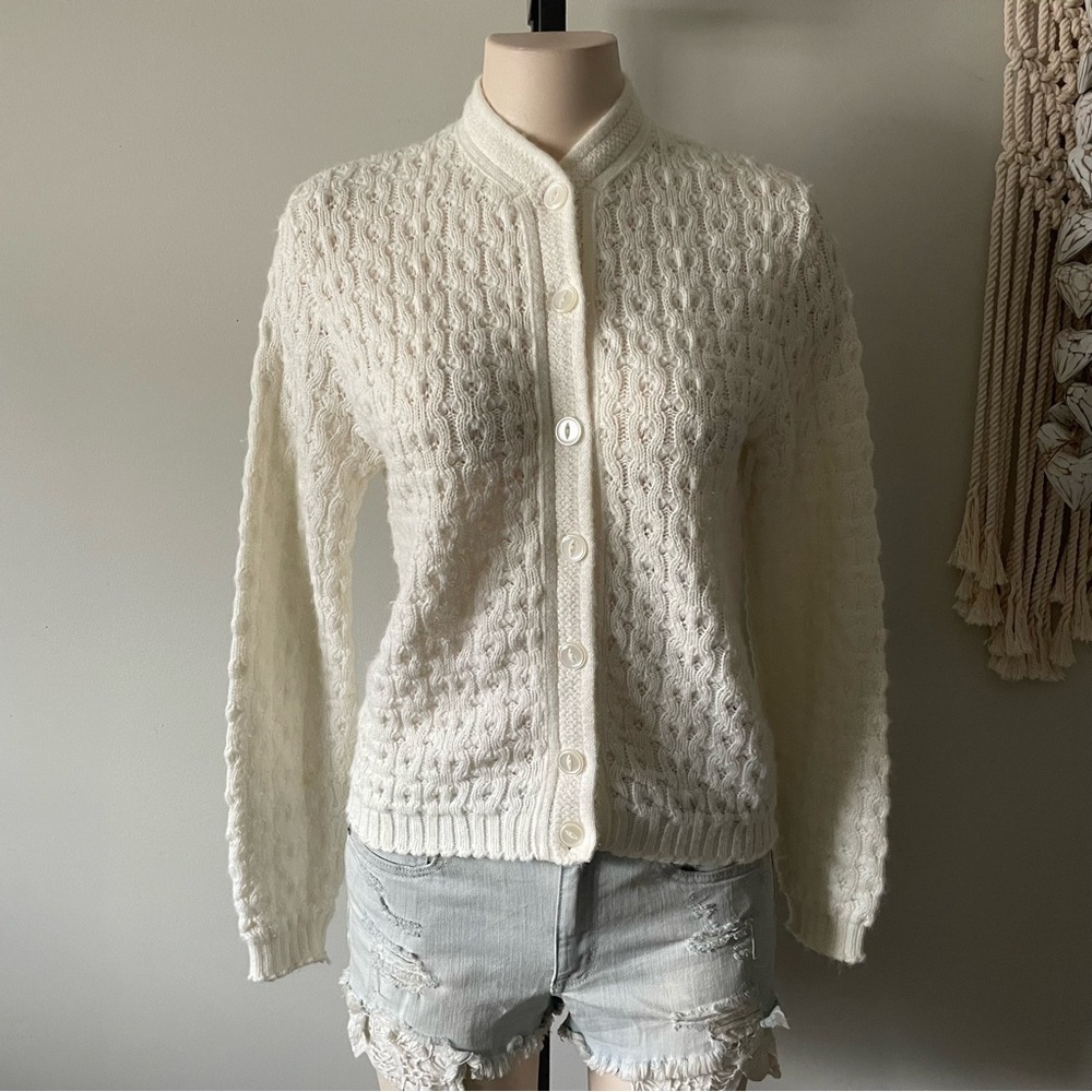 Vintage Cable Knit Button Down Knit Cardigan High Neck Prep Preppy Grandma
